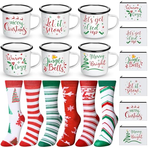 18 Pcs Christmas Gifts Set Merry Xmas Makeup Bags Enamel Mugs Christmas Socks Bulk 2025 Gifts Santa Snowflake Party Favors for Adults Women Coworkers Teacher Xmas Winter Party Supplies Decor