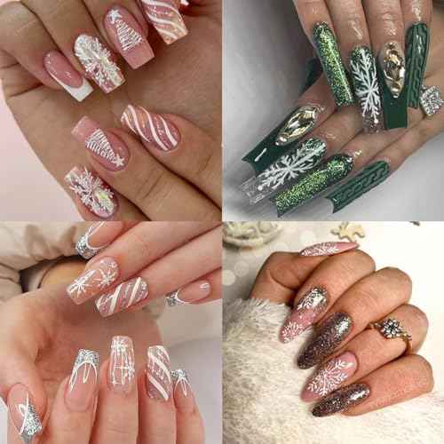 Snowflake Nail Art Stickers - 8 Sheets Christmas & Winter Designs with Silver Glitter Elk Bells