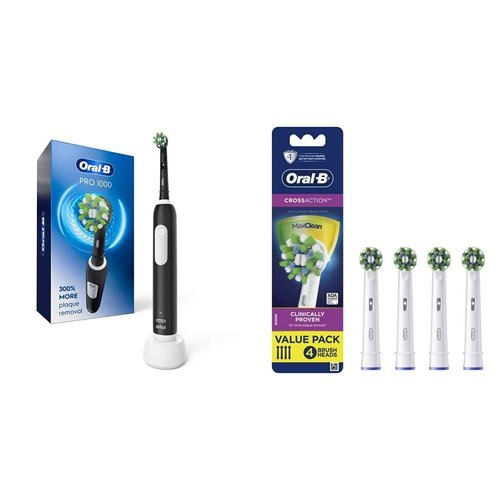 Oral-B Pro 1000 CrossAction Electric Toothbrush, Black with 4 Replacement Brush Heads Refill