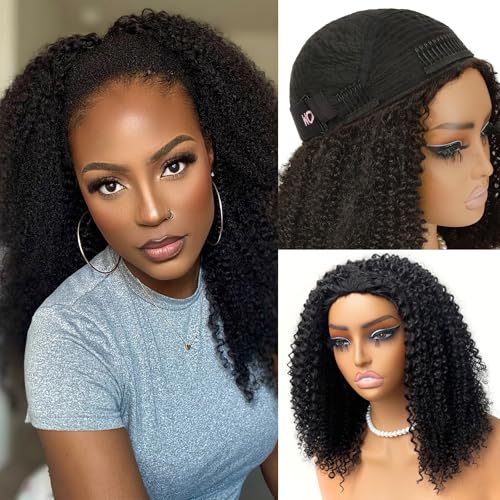WOWANGEL Kinky Curly Half Wig Human Hair 3-in-1 Glueless Headband Wig with Drawstring, 200 Density Seamless Clip-Ins & Flip Over Design for Black Women,Natural Black(1B#),16 inch