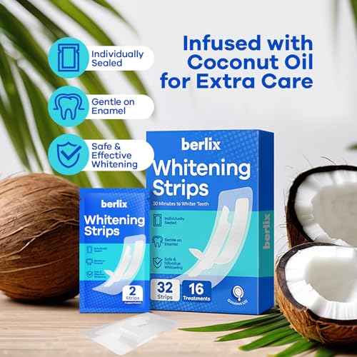 Teeth Whitening Strips (16 Treatments, 32 Count), Enamel Safe for Teeth Whitener, Whitening Strips with Coconut Oil, Formulated to Be Gentle & Non Slip and Quick-Dry, Stains Removal
