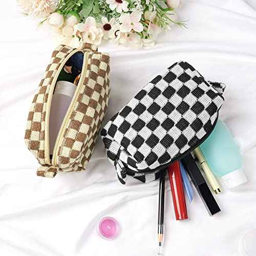 2 Pcs Checkered Makeup Bags, Portable Travel Toiletry Bag with Zipper, Makeup Bag Storage Cosmetic Bag for Women (Black&Light Brown)