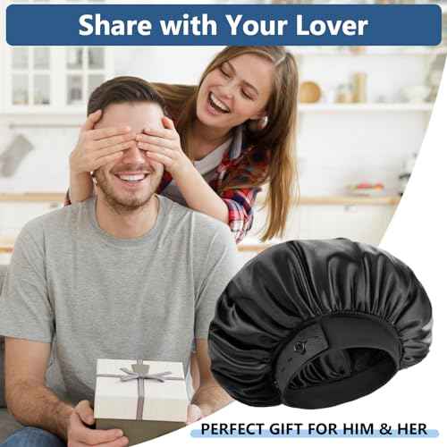 Silk Bonnets for Men, Satin Bonnet for Sleeping, Adjustable Hem & Double Layer, Large Sleep Bonnet for Curly Hair Braids Stay on All Night (Black)