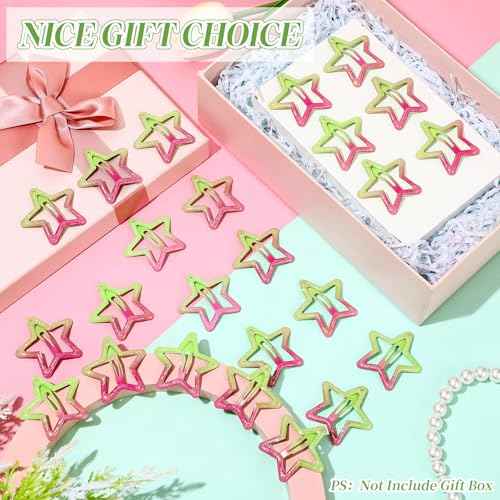 24 Pcs Pink and Green Hair Accessories Star Hair Clips Witch Decoration Metal Glue Snap Star Barrettes for Girl and Women Gifts