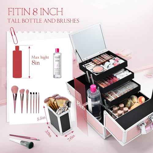 Joligrace Makeup Train Case Cosmetic Box 11.8 Inches Jewelry Organizer Professional 3 Tiers Trays with Mirror and Brush Holder Lockable Key Portable Travel Mermaid Pink