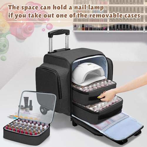 BAFASO Rolling Nail Polish Organizer Holds 144 Bottles, Nail Polish Case with a Detachable Dolly and 3 Removable Cases (Patented Design), Black