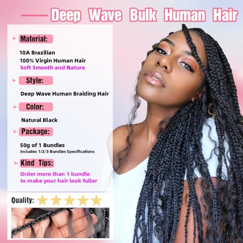 Human Braiding Hair, 3 Bundle 150g 20 Inch Boho Braids Human Hair 10A Deep Wave Bulk Brazilian Virgin No Weft Wavy Hair Extensions for Boho Bohemian Micro Braid Bulk for Braiding Natural Black