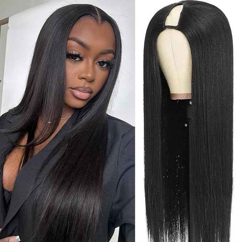 CHEETAHBEAUTY V Part Wigs Human Hair Straight V Shape Wigs for Black Women Upgrade U Part Wigs No Leave Out No Sew In No Glue Clip in Half Wigs 180% Density Natural Black 14Inch