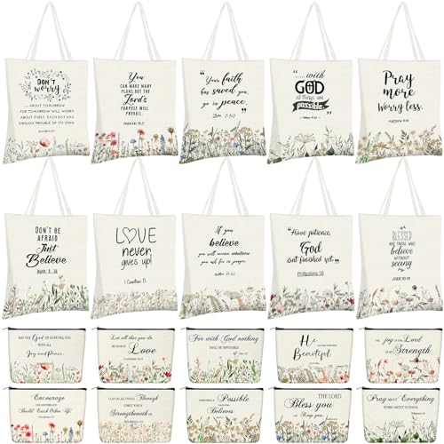 Locmeo 20 Pcs Christian Gift Women Including 10 Bible Verse Tote Bags 10 Christian Makeup Bags Christmas Inspirational Religious Scripture Gifts for Church Xmas Valentine(Classic)