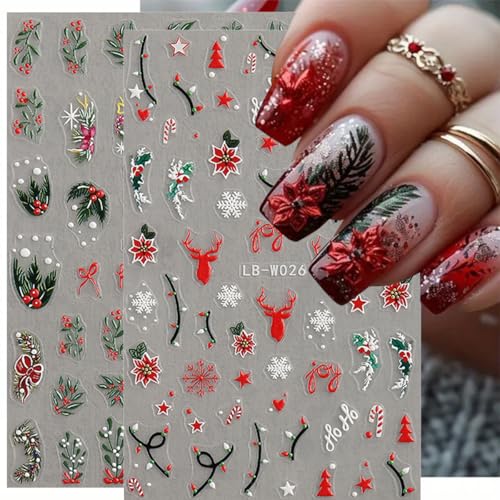 4 Sheets Christmas Nail Art Stickers 5D Embossed Holly Leaf Nail Decals Winter Christmas Tree Elk Snowflake Design Self Adhesive Nail Art Supplies for Women Acrylic DIY Holiday Manicure Decoration