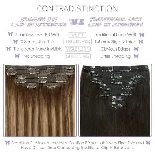 Lacer Hair Natural Balayage Hair Clip in Extensions Invisible PU Skin Weft 20 Inch Ombre Chocolate Brown to Caramel Blonde 7pcs 110g Seamless Silky Straight Hair Extensions Clip in Full Head R#4-4/27