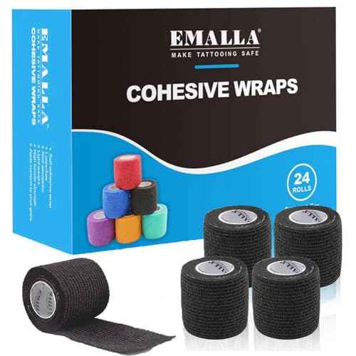 24 Pack Tattoo Grip Tape Self Adhesive Bandages Wrap Cohesive Wrap 2" x 5 Yards Tattoo Grip Tape Gun Wrap Non Woven Elastic Tattoo Tape for Sports,Vet, Tattoo(Black)