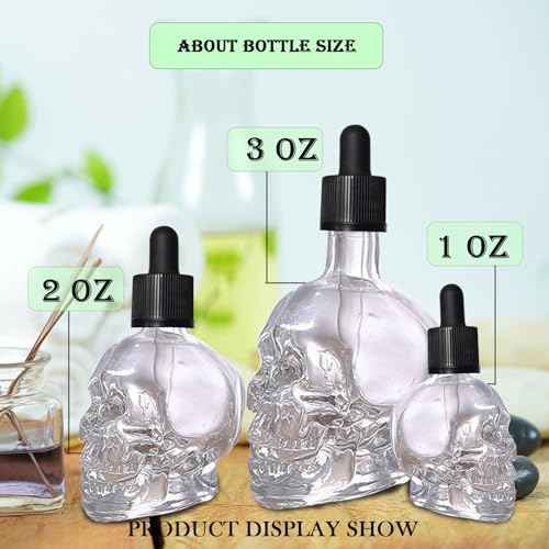 2 pcs Set 1OZ Transparent/Black Skull Glass Dropper Bottle Leakproof Essential Oils Bottle for Storage and Travel (Transparent, 1 OZ)