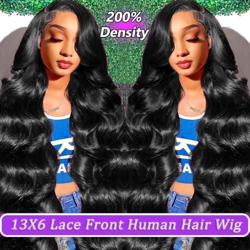 13x6 HD Lace Front Wigs Human Hair Body Wave Lace Frontal Wigs Pre Plucked 200 Density Glueless Wig 18 Inch Body Wave wig with Baby Hair Natural Black