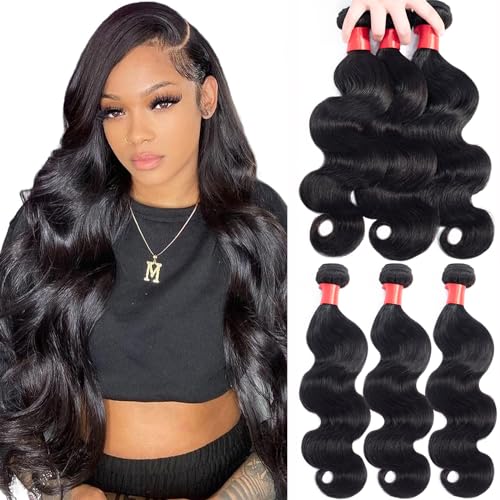 Douyin Brazilian Body Wave 3 Bundles Human Hair 18 20 22 Inch 12A 100% Unprocessed Virgin Human Hair Weave Bundles Deals Natural Black Color (1B Black£¬18 20 22)