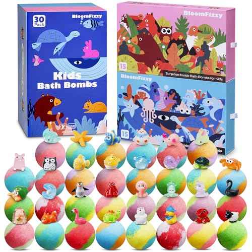 30 Kids Bath Bombs with Surprise Inside ? Gift Set with 30 Unique Land & Sea Animal Toys, Fun, Educational, and Child-Safe Natural Bath Bombs with Toys, Great Gift for Kids¡¯ Birthdays & Christmas