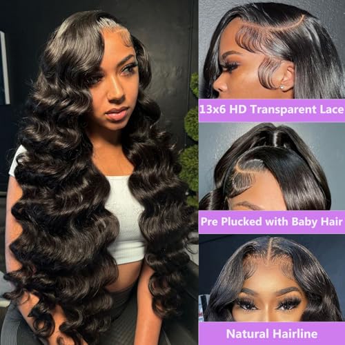 30 Inch 13x6 Lace Front Wigs Human Hair 200 Density Body Wave Lace Front Wigs Human Hair HD Lace Wigs for Women Pre Plucked Frontal Natural Black