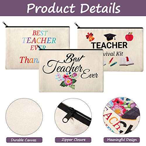 Frienda 15-Piece Teacher Makeup Bag Set - Canvas Cosmetic Bags with Zipper, 3 Styles - Travel Toiletry Pouch - Teacher Appreciation Gift Bags