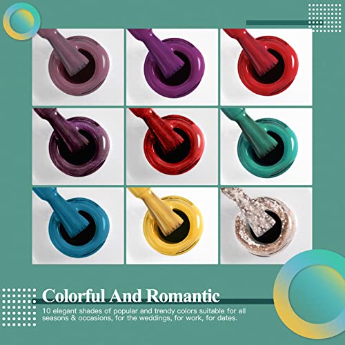 RSTYLE Gel Nail Polish Starter Kit with U V Light, 10 Colors Glitter Green Red Gold Yellow Gel Polish Kit with Base and Top Coat Manicure Tools for Home Nail Salon 5ML Tiny Bottle - Playful Life