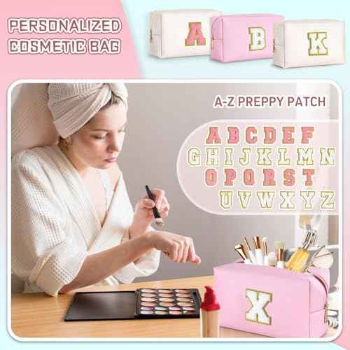 TOPEAST Initial Makeup Bag, Birthday Gifts for 4 5 6 7 8 9 10 11 12 Year Old Teen Girls, Personalized Preppy Cosmetic Bag | Leather Toiletry Bag (Pink A)