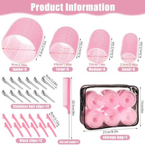 4 Sizes Self-Grip Hair Rollers Set for Long, Short Hair and Bangs - 50 Pcs with Clips (25mm, 36mm, 48mm, 60mm), Pink