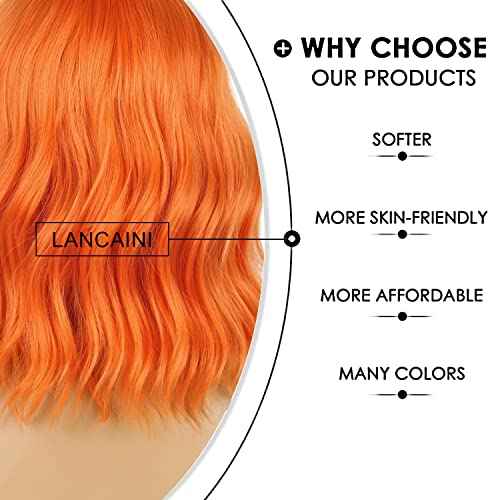 Wavy Wig With Bangs Women's Short Orange Wigs Curly Wavy Bob Synthetic Cosplay Wig for Girls Daily Use Halloween Wigs(12" Orange)