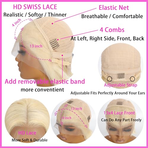 613 Blonde Bob Wig Human Hair 14 inch Lace Front Wigs Human Hair 180 Density 13x4 HD Transparent Straight Lace Frontal Wig Pre Plucked Glueless 613 Bob Wigs for Women