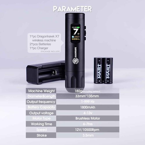 Dragonhawk Tattoo Kit X7 Tattoo Gun Kit Pen Machine Wireless Rotary Complete Tattoo Kit Smart Display 2 Replaceable Batteries 1,800mAh - Brushless Tattoo Motor by Mcore