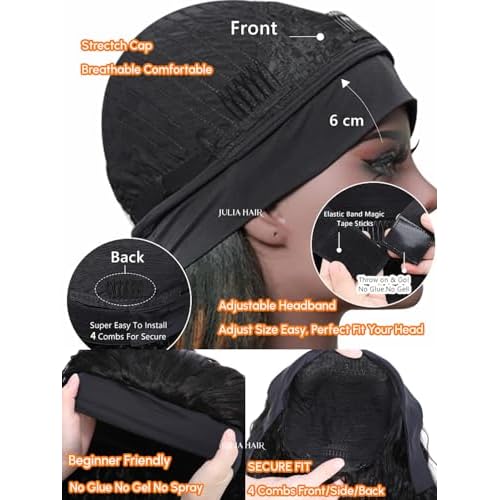 Julia Hair 12A Headband Wig Human Hair Yaki Straight Glueless None Lace Half Wig With Pre-attached Scarf Ombre Chestnut Brown Highlight With Dark Roots for Black Women Put on and Go 18 Inch