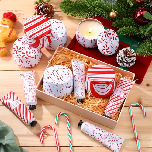 12 Set/ 24 Pcs Christmas Candy Cane Scented Gift Bulk for Women 3.5oz Peppermint Scented Candles Hand Cream Lotion Set Xmas Stocking Stuffer Travel Size for Teacher Employee Team Party Favor
