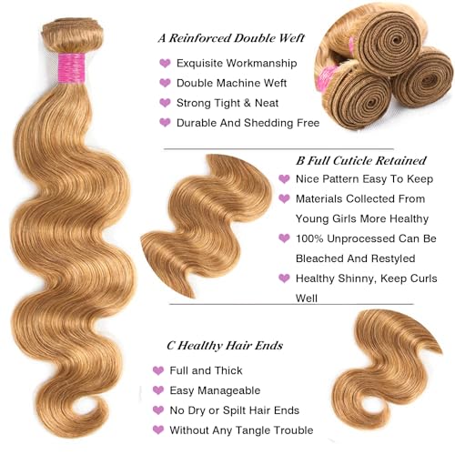 Vallbest Honey Blonde Bundles Human Hair #27 Body Wave Bundles 16 18 20 Inch 3 Bundles 100% Unprocessed Brazilian Virgin Hair 12A Virgin Raw Remy Weave Human Hair Extensions for Women