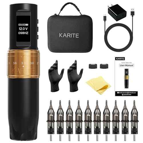 Karite Tattoo Kit, Professional Wireless Tattoo Gun with 2400mAh Battery, 7 Adjustable Needle Strokes, and Customizable Settings for Voltage and Frequency - Durable Tattoo Kit for beginners