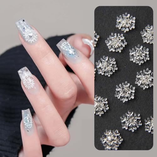 100 Pcs Christmas Nail Charms Snowflake Nail Art Charms with Rhinestones Designs White Transparent Snowflake Nail Supplies for Acrylic Nails Xmas Nail Decoration for Women DIY Manicure Accessories