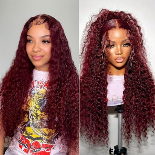 99j Burgundy 13x5 Deep Wave HD Lace Front Wigs Human Hair Pre Plucked Colored Curly Human Hair Wig Glueless Deep Curly Lace Frontal Wigs Red Human Hair Wigs for Women 180% Density £¨20Inch£©