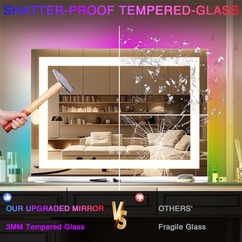 COOLJEEN RGB Vanity Mirror with Lights 23¡± X 18¡± Makeup Mirror with Front Light and RGB Backlit Lighted Makeup Mirror with 3 Color Lighting Dimmable Tempered Glass 10x Magnification and Wall-Mounted