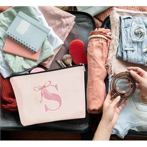 Initial Coquette Pink Bow Custom Makeup Bag,initial S Personalized Teen Girl Gifts,Trendy Preppy Cute Monogrammed Gifts Girly Makeup Pouch Zipper Pouch for Women Teen Girl