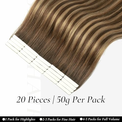 Tape in Hair Extensions Human Hair, 20pcs 50g 20 Inch Tape in Hair Extensions,Balayage Chocolate Brown To Caramel Blonde,Invisible Remy Silky Straight Natural Thick Real Human Hair Extensions