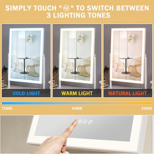 FENCHILIN Vanity Mirror with Lights 16.14" x 11.81",Lighted Makeup Mirror and Hollywood Mirror with Smart Touch Control 3 Colors Dimmable LED Light, 360¡ÆRotation 10X Magnification(White)