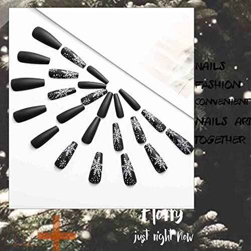 Florry Extra Long Coffin Fake Nails Christmas Snowflake Press on Nails Matte Acrylic Nails for Women and Girls 24Pcs (Snowflake)