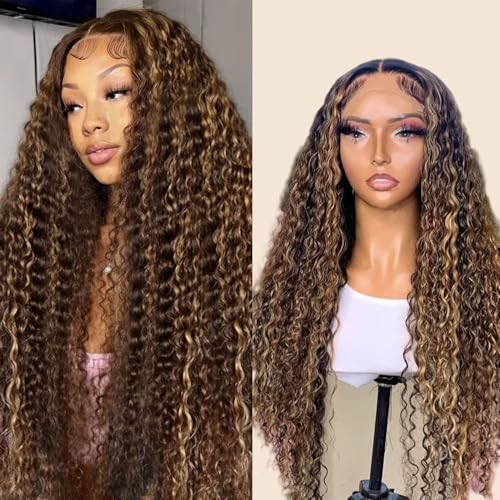 Highlight Ombre 13x4 HD Deep Wave Lace Front Wigs Human Hair 180% Density Honey Blonde Wig Human Hair Pre Plucked 4/27 Lace Frontal Wigs 24 Inch