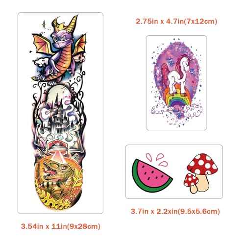 52 PCS Kids Full Arm Temporary Tattoos - Rocket Car Dinosaur Planet Astronaut & Dolphin Castle Cat Body Tattoos Stickers for Boys & Girls, Party Supplies Gifts