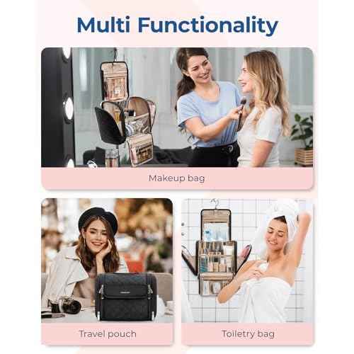 BAGSMART Makeup Bag for Women with Hanging Hook - Portable Cosmetic Case, Large Capacity Door Room Essentials Travel Organizer for Full Sized Cosmetics and Toiletries, Black