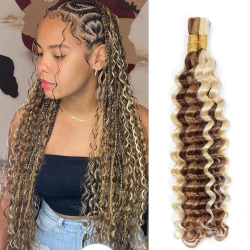 P27/30/613 Human Braiding Hair for Boho Braids Highlight Brown Blonde Deep Wave Bulk Human Hair for Braiding Crochet Curly Braiding Human Hair Knotless Bohemian Braids100g (2 of 50g) 18 Inch