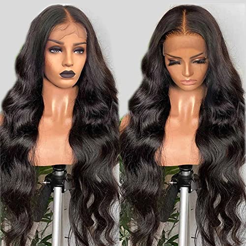 28 Inch Long Body Wave Human Hair Lace Front Wigs Pre Plucked Natural Black Color 13x4 HD Lace Ear to Ear Frontal Wig for Black Women Easy to Style (28 inch)