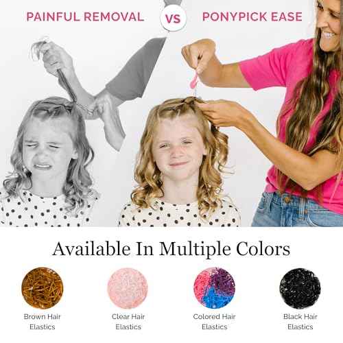 THE PONY PICK Hair Elastic Rubber Bands Cutter Tool Easy To Use, Pain Free, No Hair Damage Ponytail Cutter Tool for Kids & Toddlers (3 Picks & 50 Clear Hair Elastics)