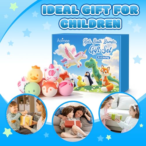 Aofmee Bath Bombs for Kids, 12 Pcs Bubble Bath Balls with 6 Animal Shapes and Fruity Aroma, Essential Oil Natural Organic Fizzy Spa Set for Boys Girls, Gift for Children Birthday Christmas
