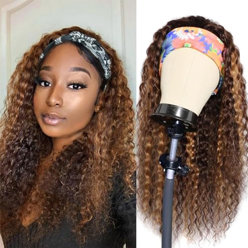 Headband Wig Human Hair Deep Wave 4/27 Human Hair Headband wigs for women Glueless None Lace Front Wig Machine Made 150% Density headband wig human hair with Headbands (22Inch)