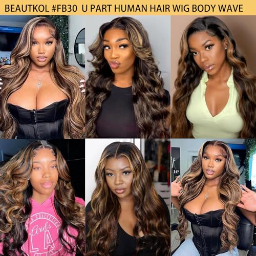U Part Human Hair Wig Body Wave Highlight #1b/30 Ombre Brown Wig 180% Density U Part Wig Half Brazilian Virgin 100% Human Hair Wigs For Black Women Clip In Glueless No Leave Out Wig 20Inch
