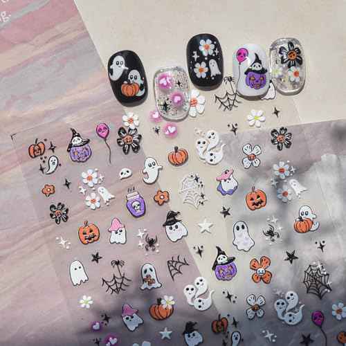 5D Embossed Halloween Nail Art Stickers Cute Ghost Nail Decals Self-Adhesive Pumpkin Skull Flower Spider Web Nails Design Stickers Halloween Nails Supplies for Women Holiday Manicure Decorations