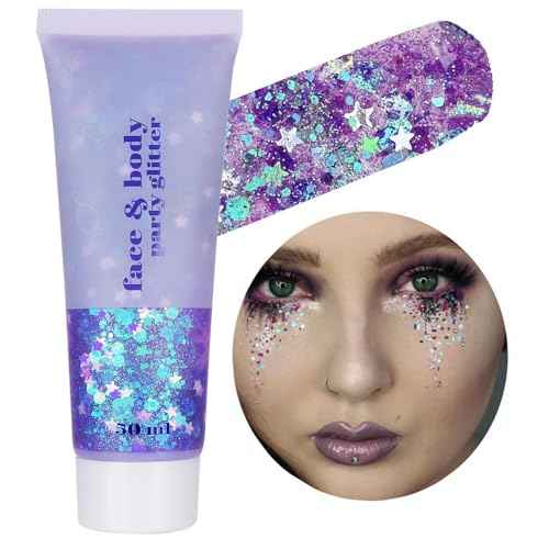 Go Ho Mermaid Purple Face Body Glitter Gel,Holographic Purple Hair Glitter,Mardi Gras Outfit for Women Kids,Chunky Sequins Glitters for Eye Lip Nails,Festival Rave Accessories